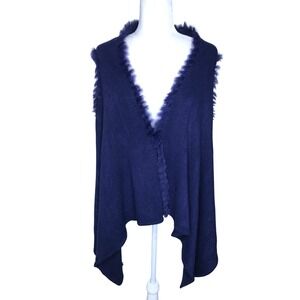Navy Blue Faux Fur Trimmed Sleeveless Cardigan Vest Elevated Evening Wear Fall